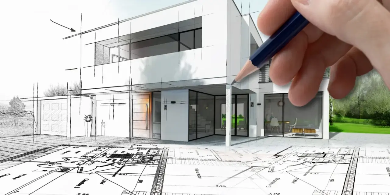 Dłoń trzyma ołówek nad szkicem nowoczesnego domu, który przechodzi w wizualizację. Architekt tworzy marzenie.