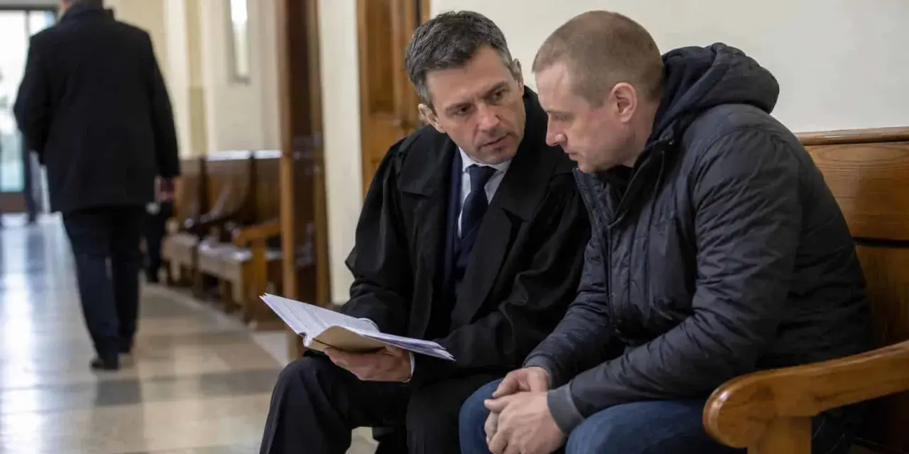 Prawnik omawia dokumenty z klientem, który zmaga się z problemem recydywy penitencjarnej.