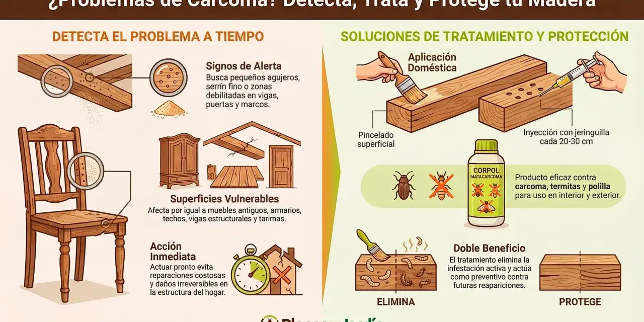 Ilustración sobre cómo detectar y aplicar tratamiento contra termitas en madera, mostrando signos de alerta, superficies vulnerables y métodos de aplicación.