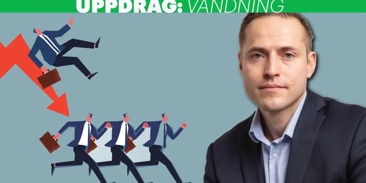 En man i kostym ser bekymrad ut. Nedanför honom springer flera män med portföljer mot en röd pil som pekar nedåt. Kanske han känner separationsångest inför att byta jobb.