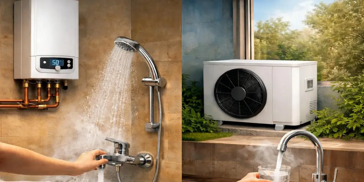 Un calentador de agua y una unidad exterior de aire acondicionado. El agua caliente fluye en una bañera y un vaso se llena en una cocina.