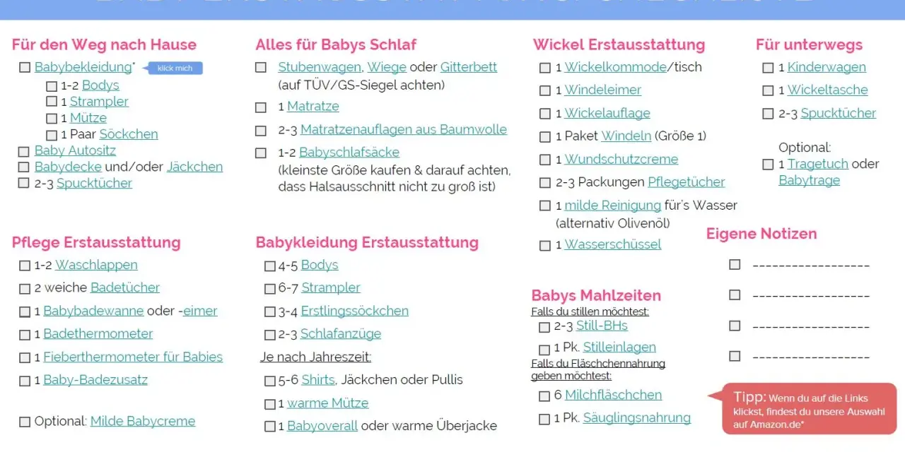 Checkliste für die Baby Erstausstattung: Kleidung, Pflege, Wickeln, Schlafen, unterwegs, Mahlzeiten & Notizen.