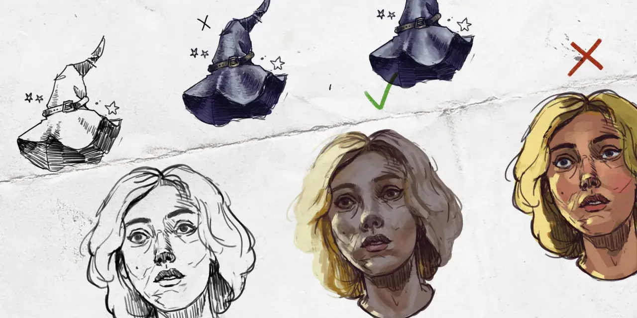Szkice postaci i kapeluszy czarownic, pokazujące proces tworzenia w digital painting. Kurs artystyczny.