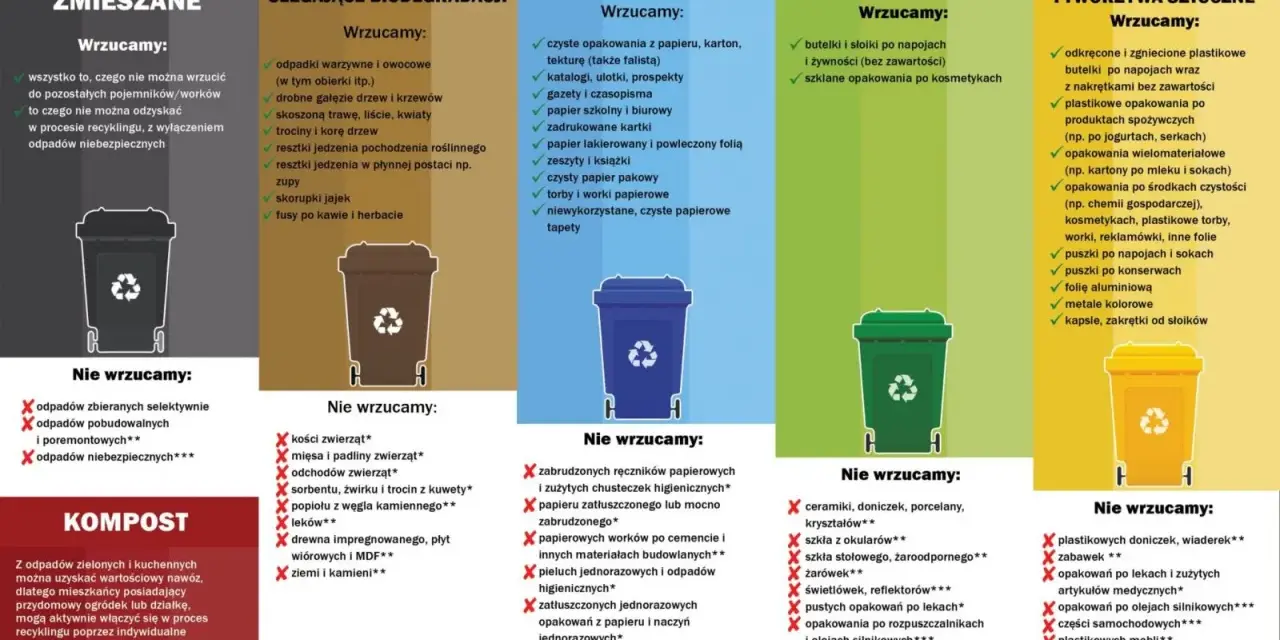 Grafika przedstawia zasady segregacji odpadów komunalnych z podziałem na pojemniki: zmieszane, biodegradowalne, papier, szkło, metale i tworzywa sztuczne.