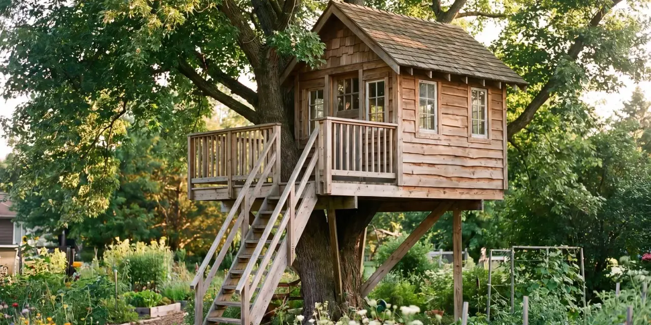 Ein wunderschönes Baumhaus, das zum baumhaus selber bauen inspiriert. Umgeben von einem blühenden Garten und alten Bäumen.