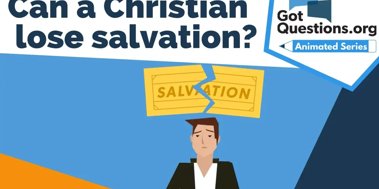 A sad man looks up at a broken "Salvation" sign, questioning if a Christian can lose their salvation. GotQuestions.org Animated Series.