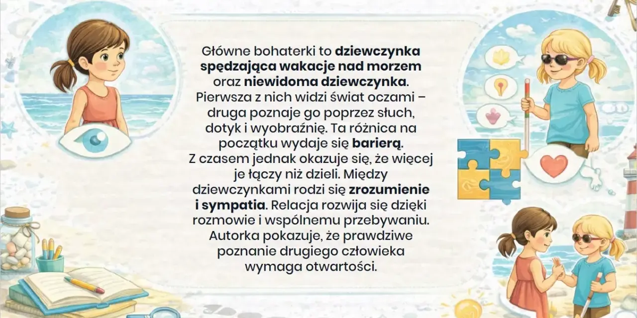 Dwie bohaterki, dziewczynki spędzające wakacje, uczą się rozumieć i akceptować różnice, budując przyjaźń.