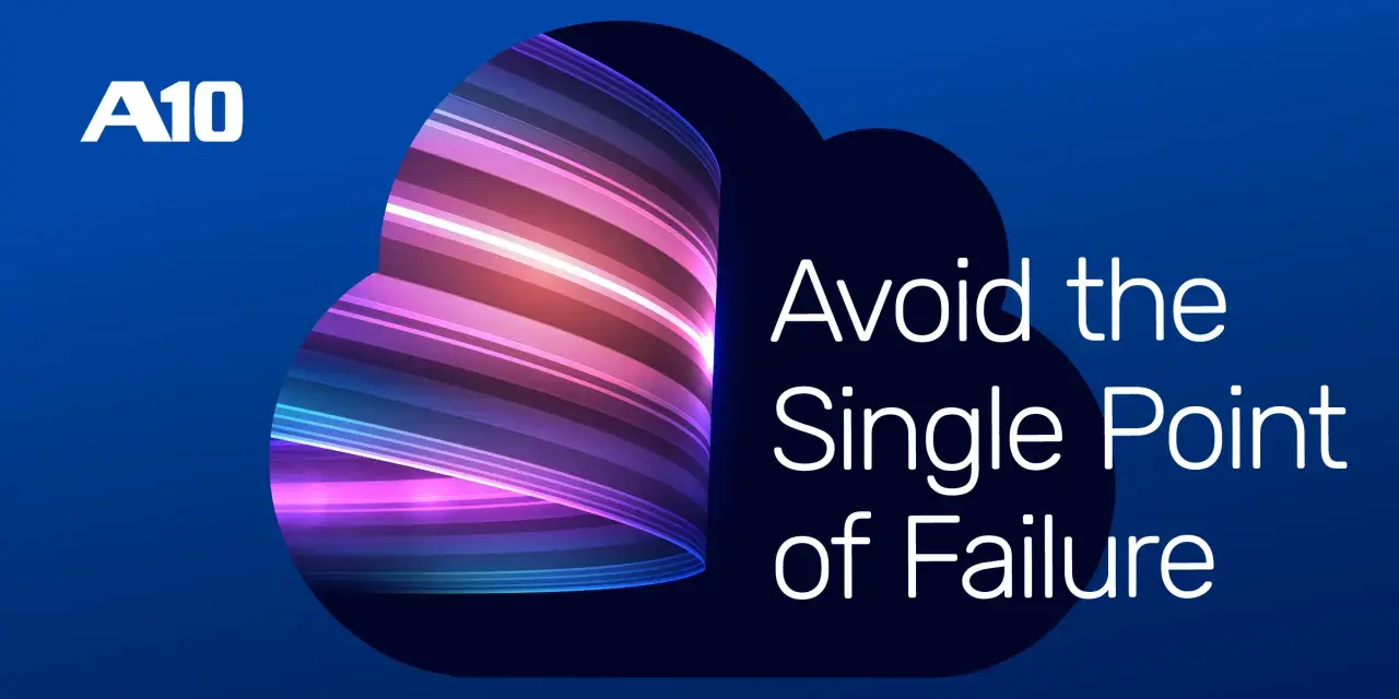 A10 logo and text "Avoid the Single Point of Failure" over a dark blue background with a swirling, abstract cloud-like shape filled with colorful, glowing stripes.