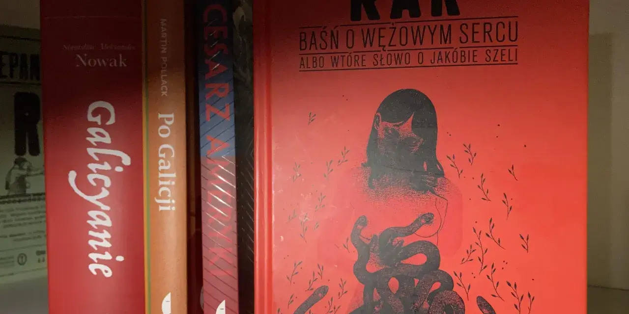Okładka książki "Baśń o wężowym sercu" z wężami i sylwetką kobiety na czerwonym tle.