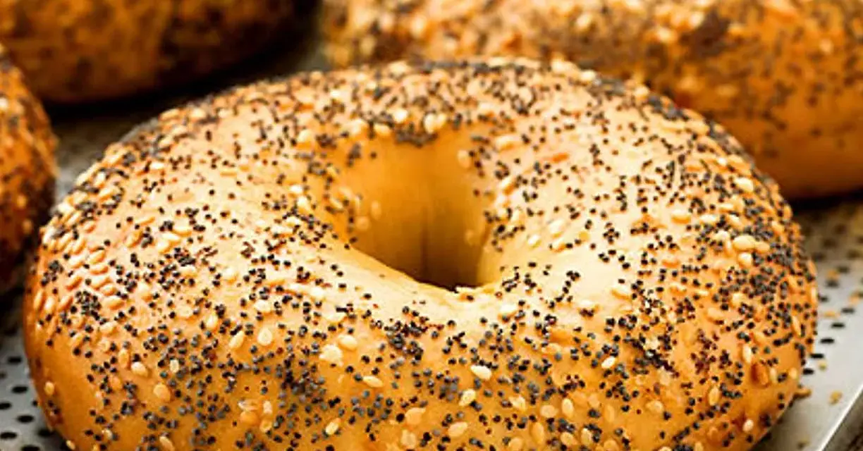 Färska bagels med sesamfrön och vallmofrön, perfekta för ditt bagels recept.