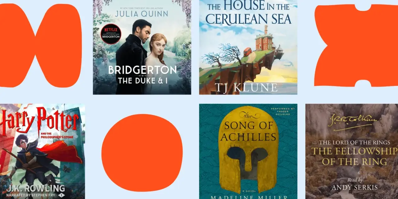 Kolekcja audiobooków po angielsku: "Bridgerton", "Harry Potter", "The House in the Cerulean Sea", "The Song of Achilles", "The Fellowship of the Ring".