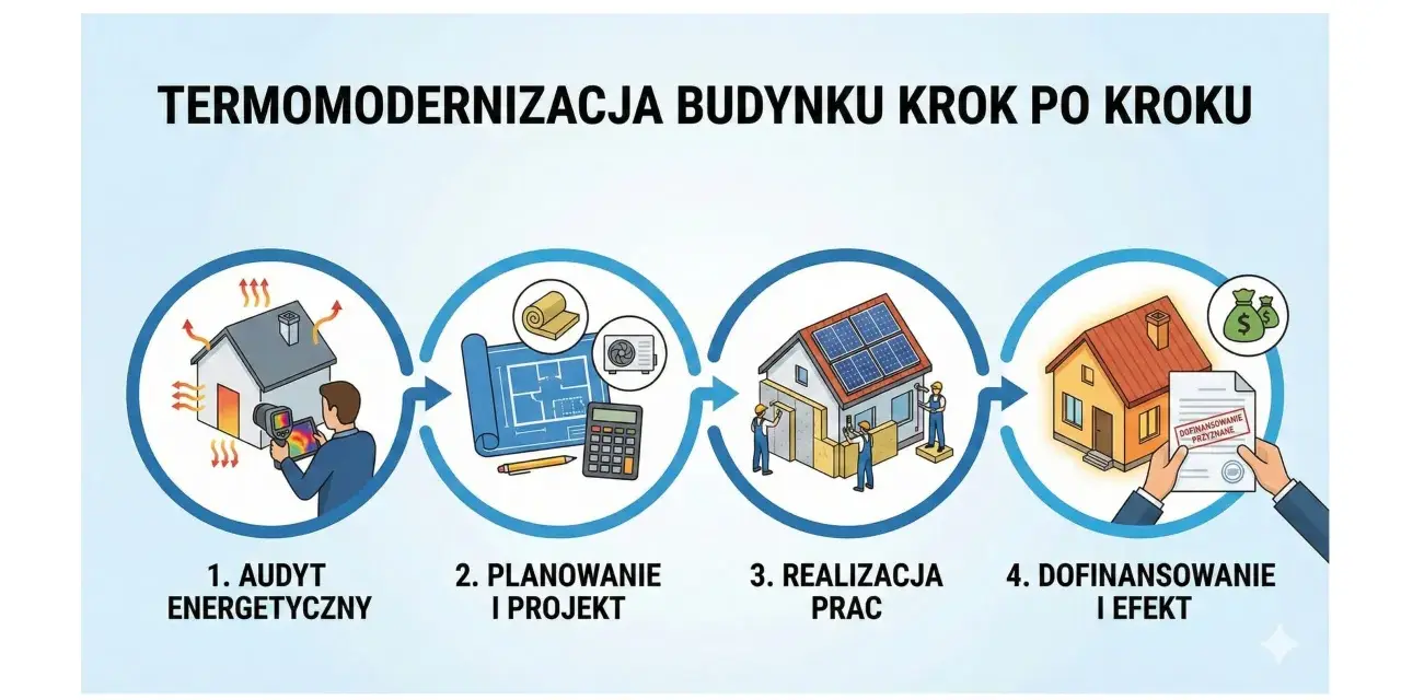 Proces termomodernizacji budynku: audyt, planowanie, realizacja prac, dofinansowanie i efekt.