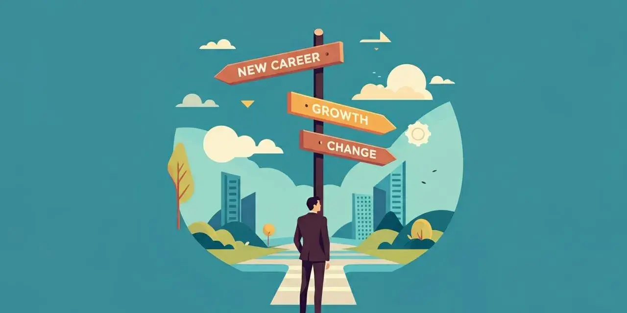 Mężczyzna stoi przed drogowskazem z napisami "New Career", "Growth", "Change". Symbolizuje to moment decyzji o przekwalifikowaniu zawodowym.
