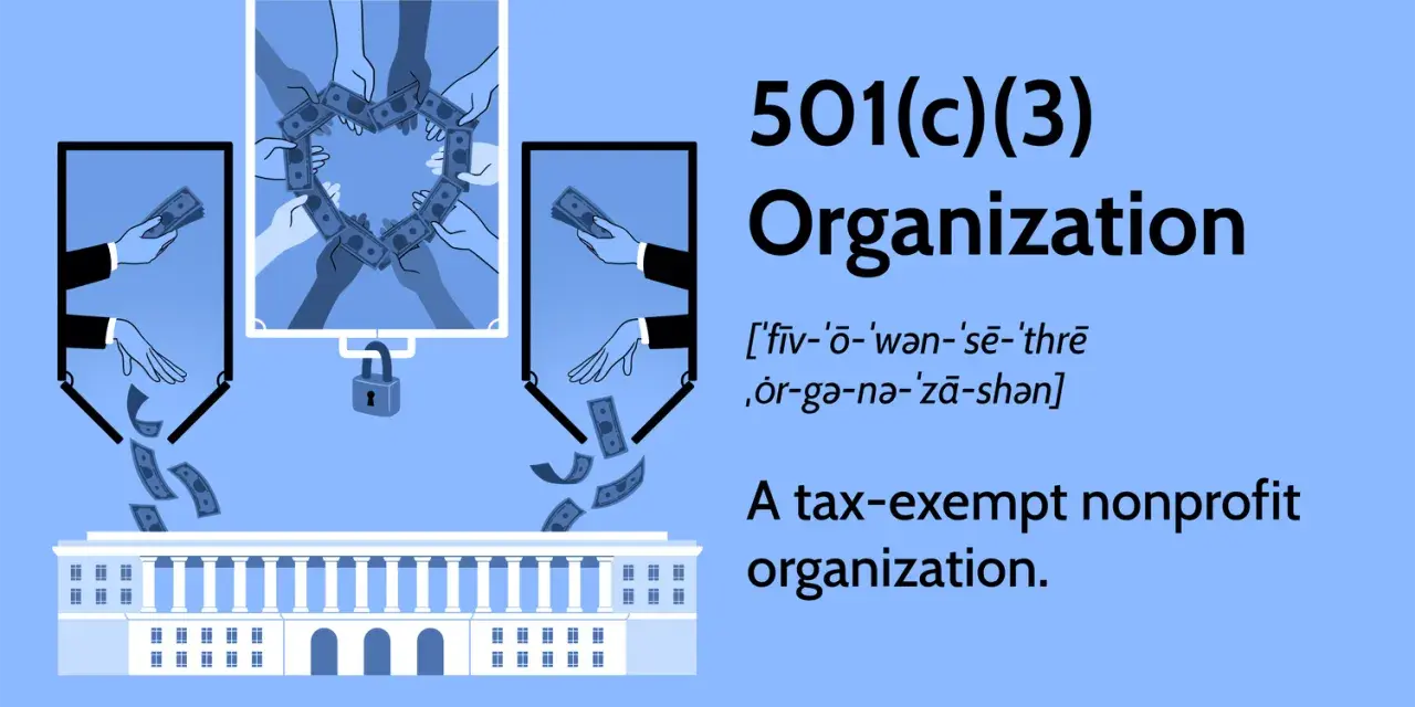 Hands form a heart with money, symbolizing a 501c3 organization's mission. A lock hangs below, suggesting accountability.