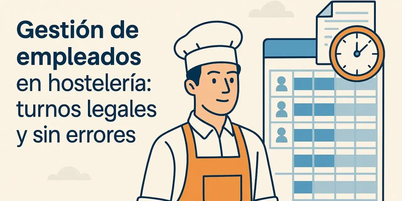 Chef sonriente junto a un horario de turnos y un reloj. Gestión de empleados en hostelería: turnos legales y sin errores.