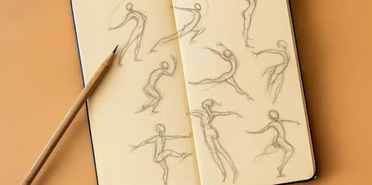 Carnet de croquis ouvert avec des esquisses de danseurs au crayon. Un crayon repose sur la page, offrant un conseil dessin pour capturer le mouvement.