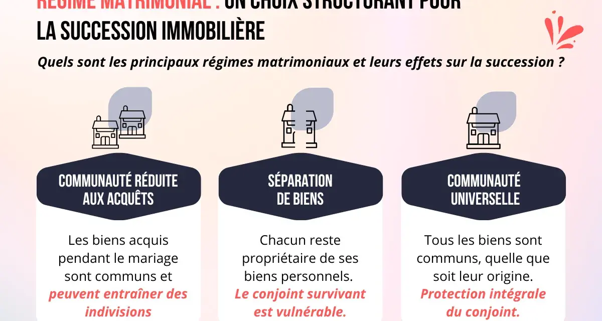 Trois régimes matrimoniaux : communauté réduite aux acquêts, séparation de biens (où le conjoint survivant est vulnérable), et communauté universelle. Le contrat de mariage séparation de biens est une option.