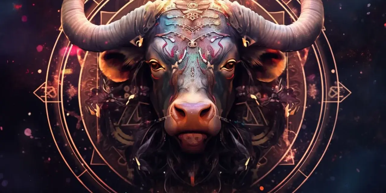Majestatyczny byk, symbol znaku zodiaku Byk, w ozdobnej zbroi i z kosmicznym tłem.