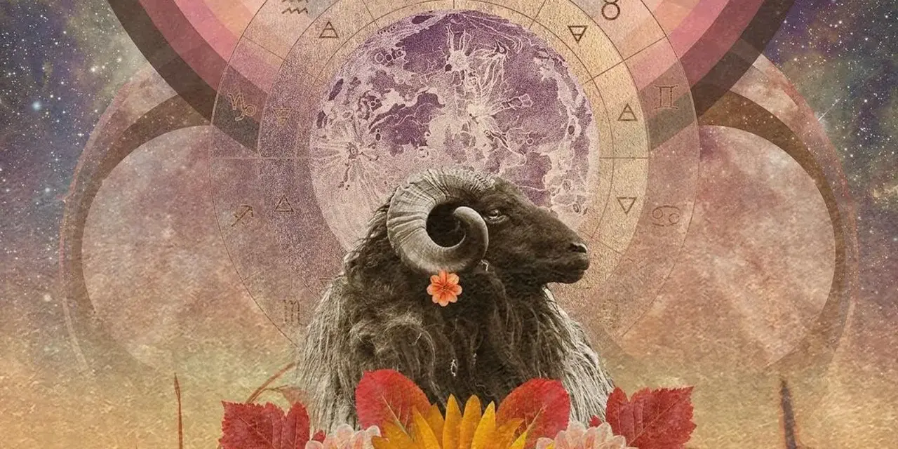 Baran z rogami, ozdobiony kwiatkiem, pod znakiem zodiaku i księżycem. Mars w Baranie symbolizuje energię i odwagę.