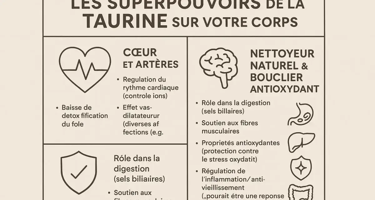 Les bienfaits de la taurine : cœur, digestion, antioxydant. Elle régule le rythme cardiaque, soutient les fibres musculaires et protège contre le stress oxydatif.