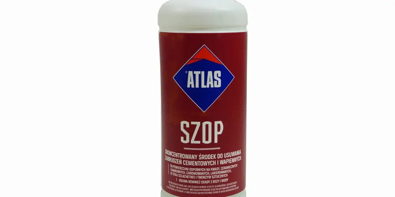 Butelka środka czyszczącego Atlas Szop. Skoncentrowany preparat do usuwania zabrudzeń cementowych i wapiennych.