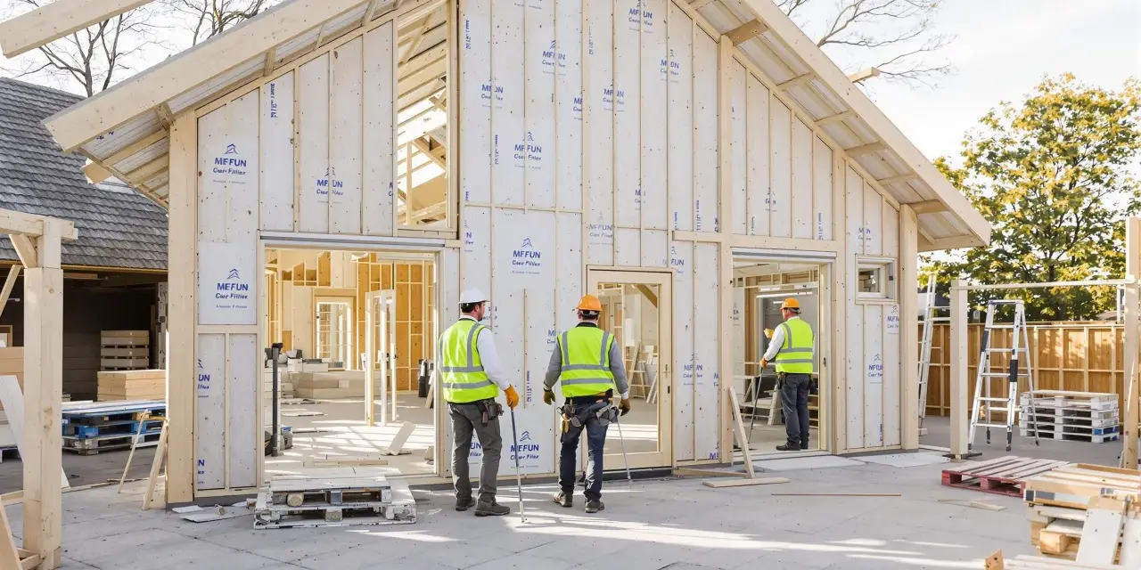 Construction d'une maison écologique passive en bois. Des ouvriers en gilets de sécurité supervisent le chantier.