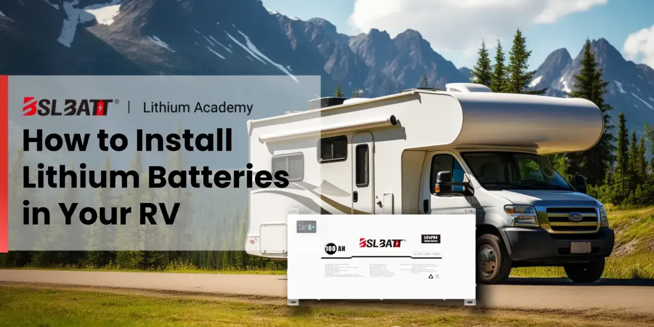 En husbil står parkerad i bergig natur. Framför husbilen syns ett bms batteri, redo för installation.