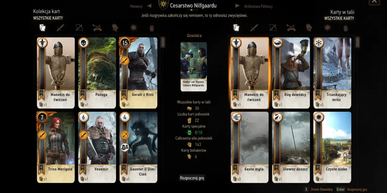 Kolekcja kart Wiedźmin 3: Pełna kolekcja kart Nilfgaardu. Widoczne karty: Geralt, Triss, Vesemir, Pożoga, Manekin do ćwiczeń, Gęsta mgła.