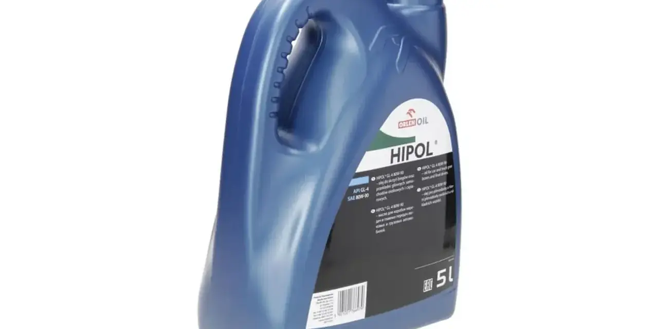 Niebieski kanister oleju Hipol 5L z etykietą API GL-4 SAE 80W-90.