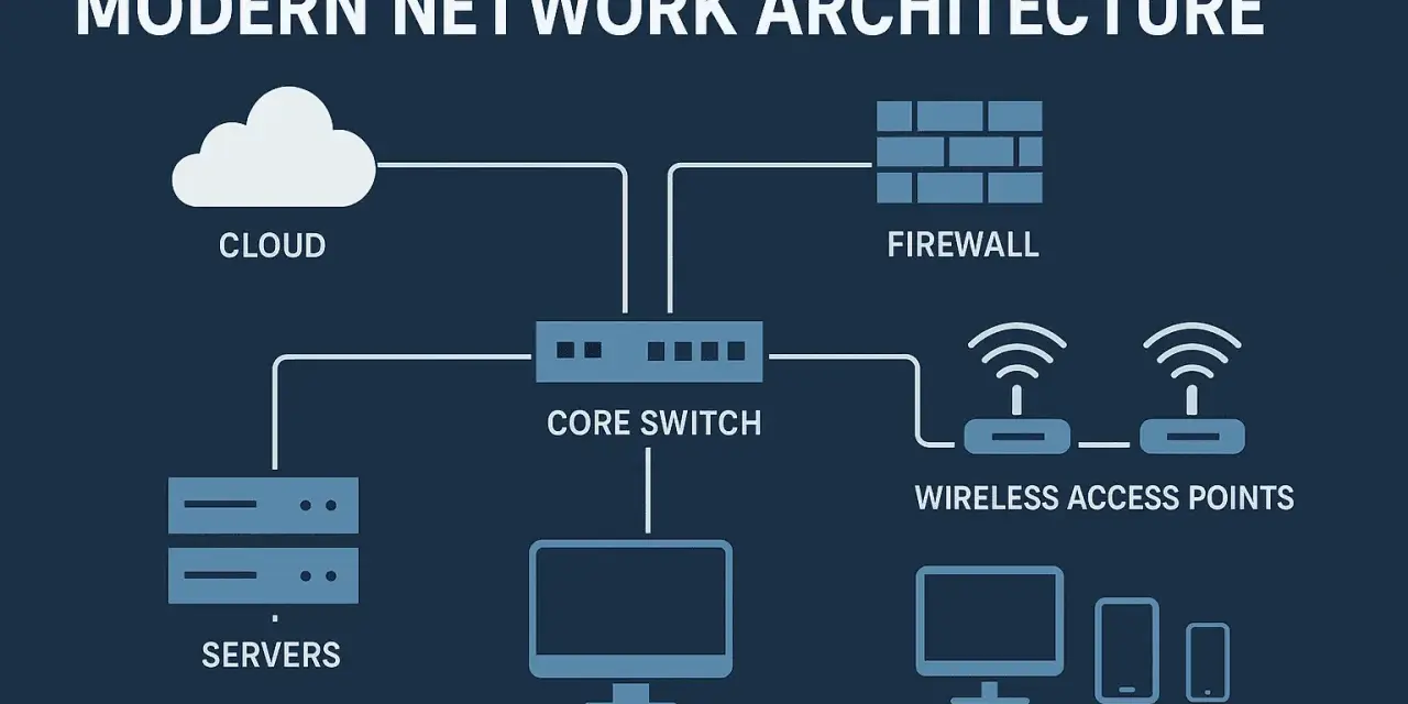 Diagram of modern network infrastructures: cloud, servers, core switch, firewall, wireless access points, and devices.