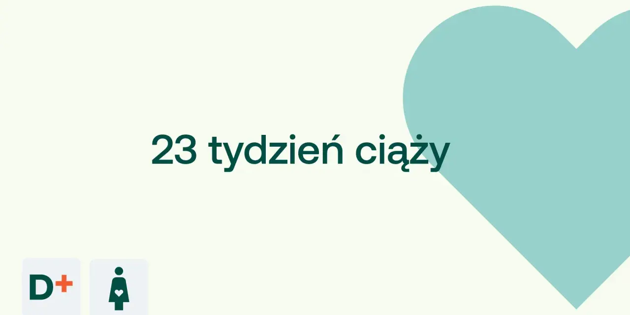 23 tydzień ciąży. D+ ikona kobiety w ciąży na jasnym tle z turkusowym sercem.