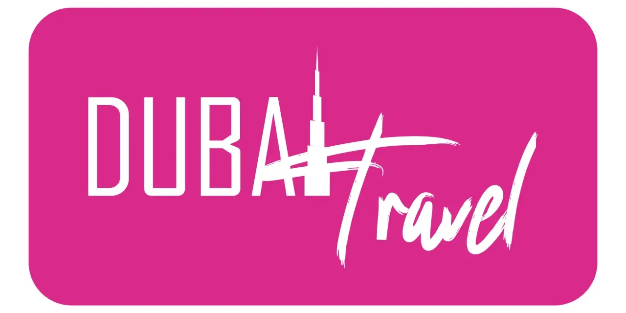Logo z napisem "DUBAI Travel" i sylwetką Burdż Chalify. Planujesz podróż do Zjednoczonych Emiratów Arabskich? Wiza do Dubaju czeka!