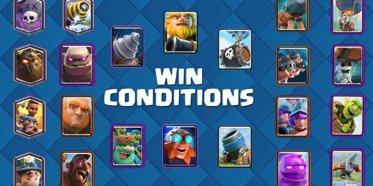 Cartas de Clash Royale, mostrando las "Win Conditions" (condiciones de victoria) para aplicar trucos y ganar.