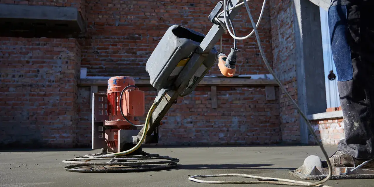 Robot do zacierania betonu pracuje na budowie. Robotnik w niebieskich spodniach kieruje maszyną, która wygładza świeżą posadzkę.