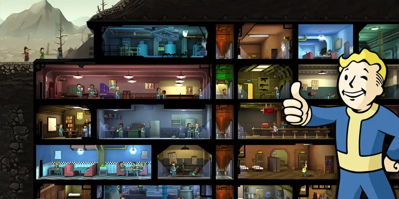 Vault Boy da pulgar arriba sobre un refugio subterráneo lleno de gente, con habitaciones y actividades. ¡Descubre los mejores fallout shelter trucos!