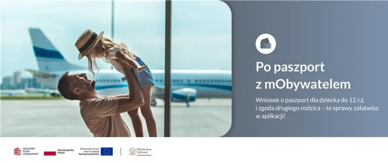 Ojciec podrzuca córkę na lotnisku. Wniosek o paszport tymczasowy dla dziecka do 12 lat załatwisz w aplikacji mObywatel.