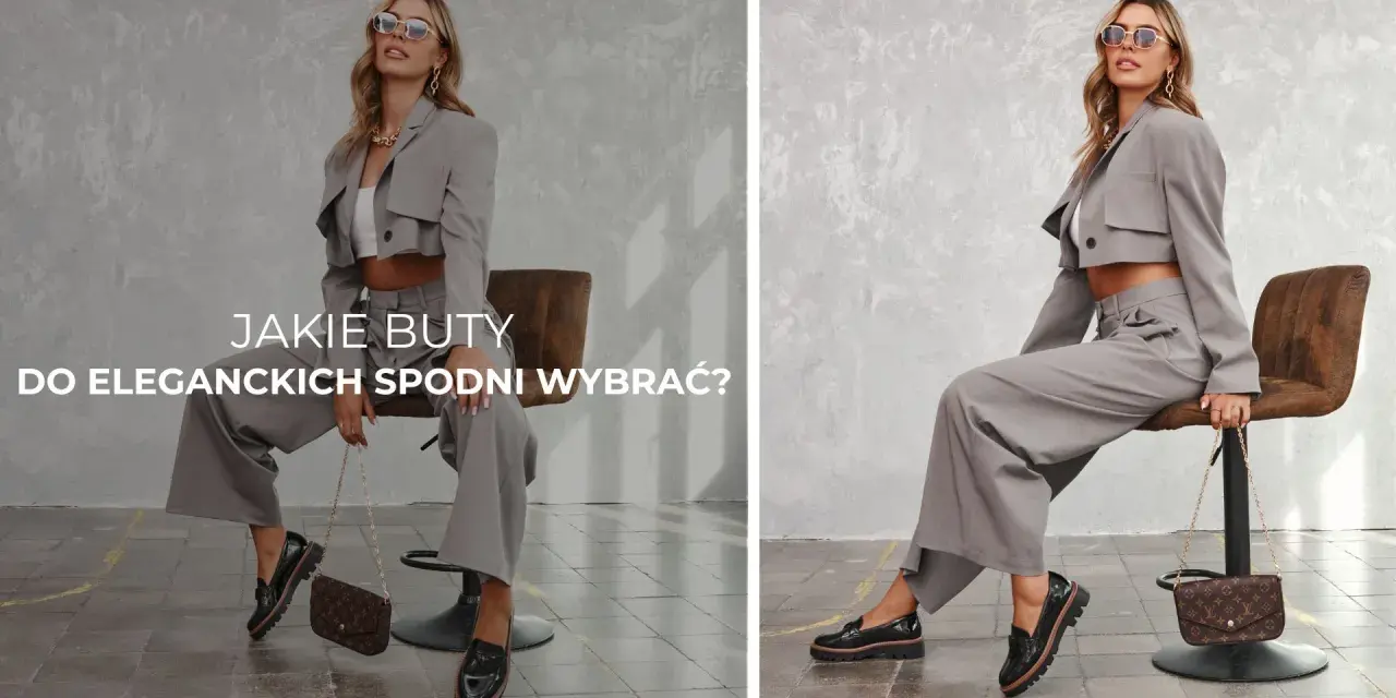 Kobieta w szarym garniturze z szerokimi nogawkami prezentuje, jakie buty do szerokich eleganckich spodni wybrać – czarne lakierowane mokasyny na grubej podeszwie.