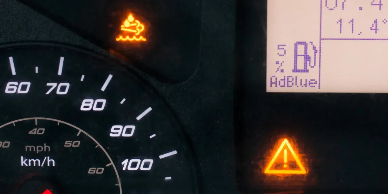 Warnleuchte im Auto zeigt niedrigen AdBlue-Stand an. Zeit für eine Nachfüllung, bevor das Fahrzeug nicht mehr fährt.