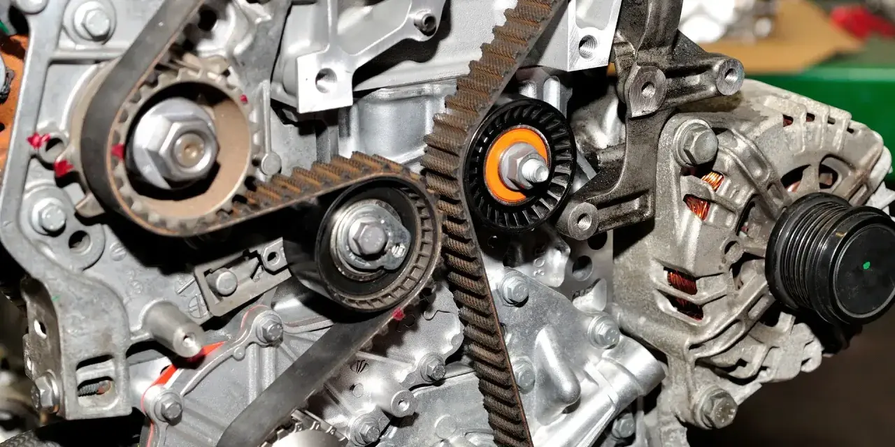 Widok z bliska na mechanizm rozrządu w samochodzie, z widocznymi paskami, kołami zębatymi i napinaczami.