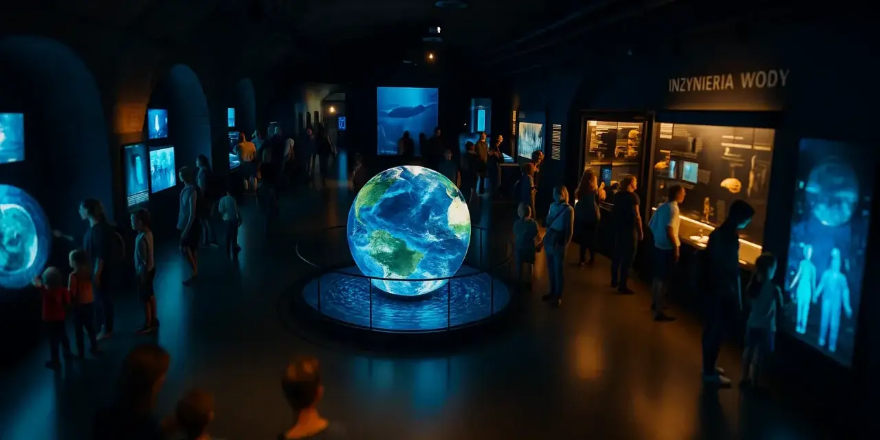 Wrocławskie muzeum wody: zwiedzający oglądają wielką kulę ziemską i ekspozycje o inżynierii wody.