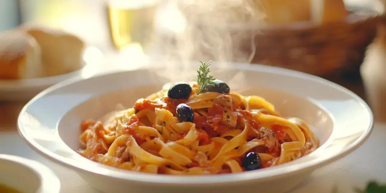Un plato humeante de pasta con salsa de tomate, aceitunas negras y romero. ¡Perfecto para tus recetas de pasta!
