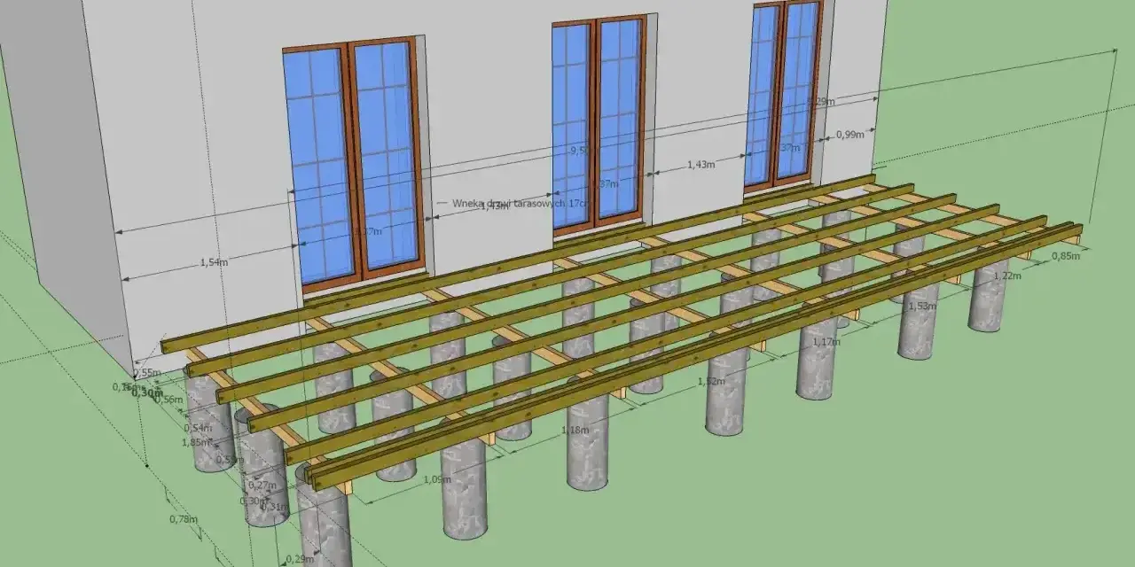 Projekt tarasu z widocznymi legarami i słupkami fundamentowymi. Wymiary konstrukcji podane w metrach.