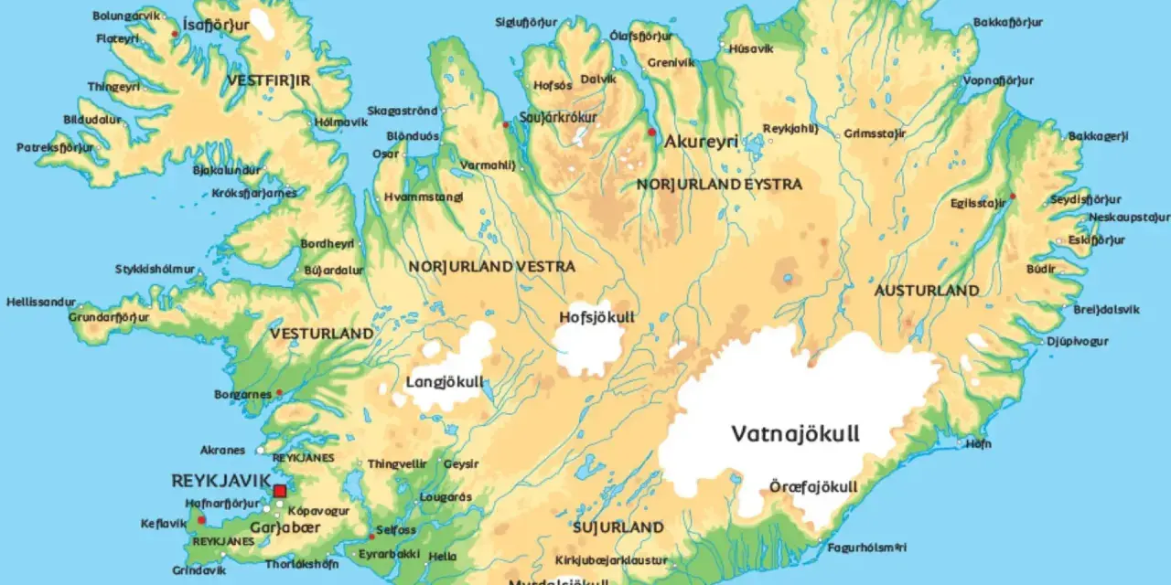 Mapa Islandii z zaznaczonymi miastami jak Reykjavík. Czy na Islandię trzeba mieć paszport? Tak, dla większości podróżnych.