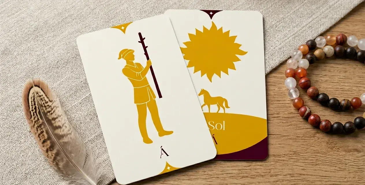 Dos cartas de tarot, una con un hombre con bastón (sota de bastos invertida) y otra con el Sol y un caballo.