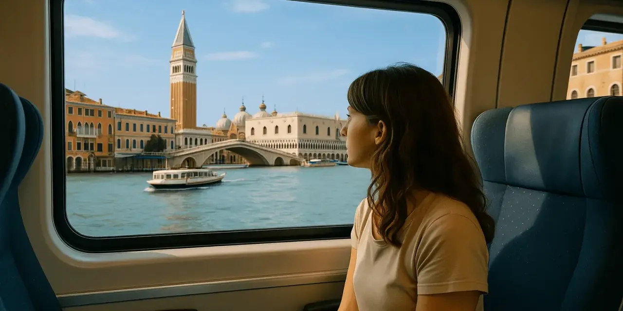 Donna guarda fuori dal finestrino del treno, ammirando il panorama di Venezia. Un modo suggestivo per capire come arrivare a Venezia.