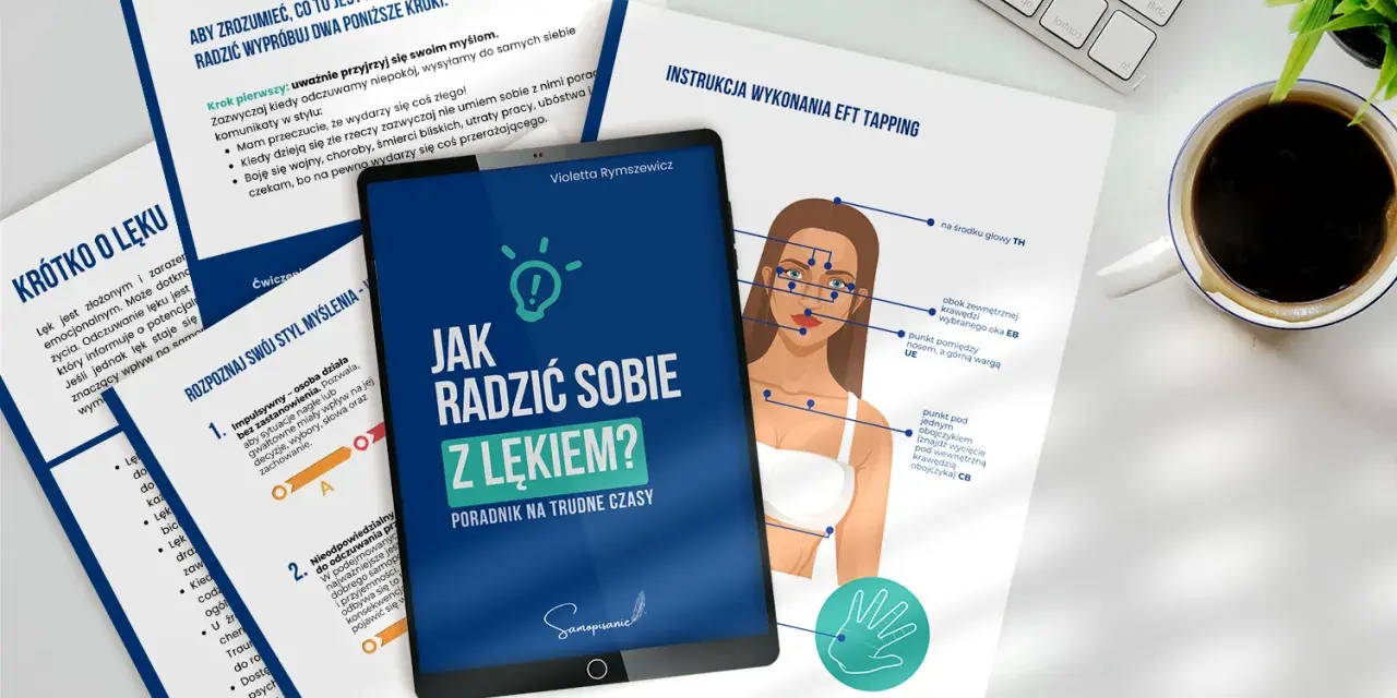 Tablet z grafiką instrukcji EFT Tapping i dokumenty dotyczące lęków.