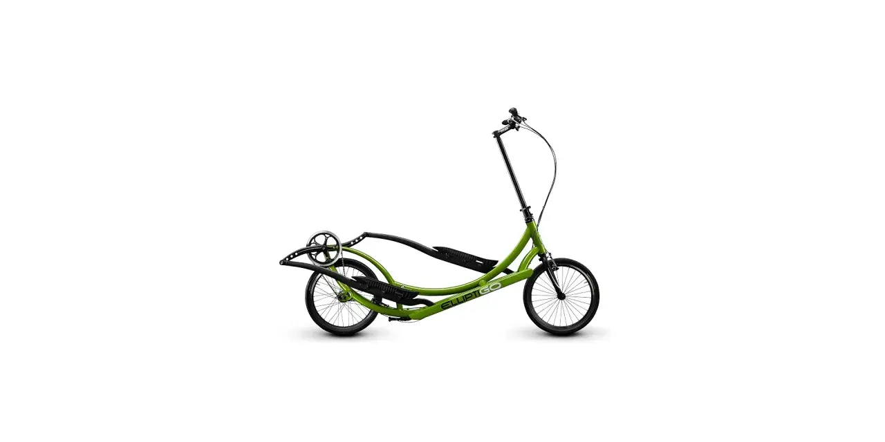 A green elliptical bike with the brand name "ELLIPTIGO" visible. It has two wheels and foot pedals.