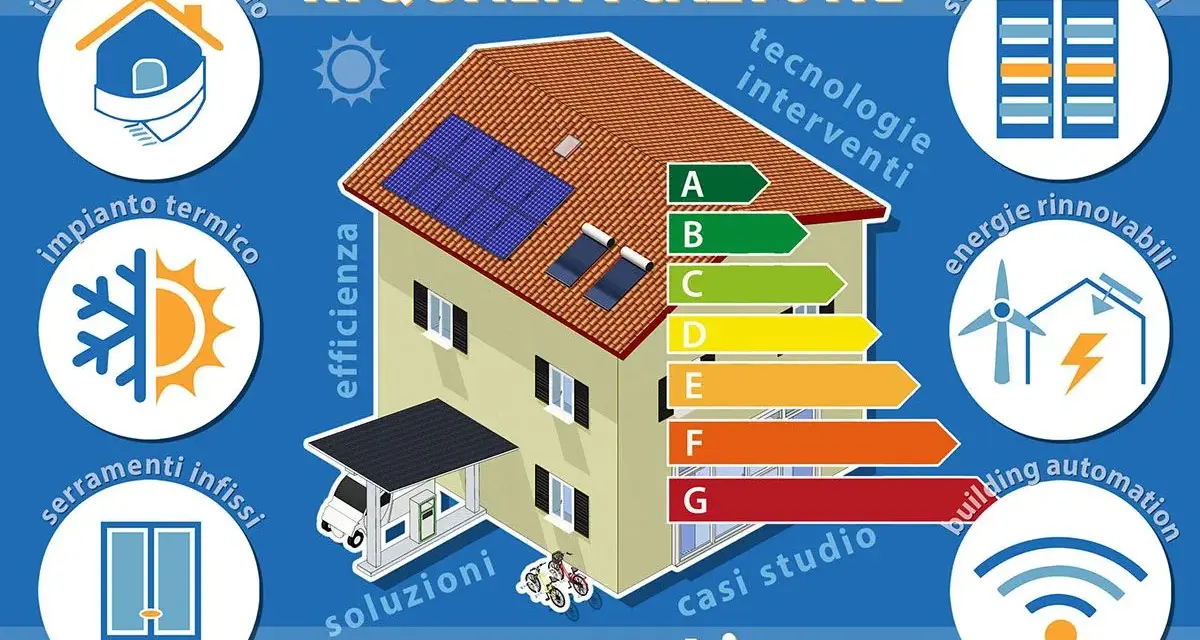 Casa con pannelli solari e simboli di efficienza energetica. Un'energy service company offre soluzioni per la riqualificazione.