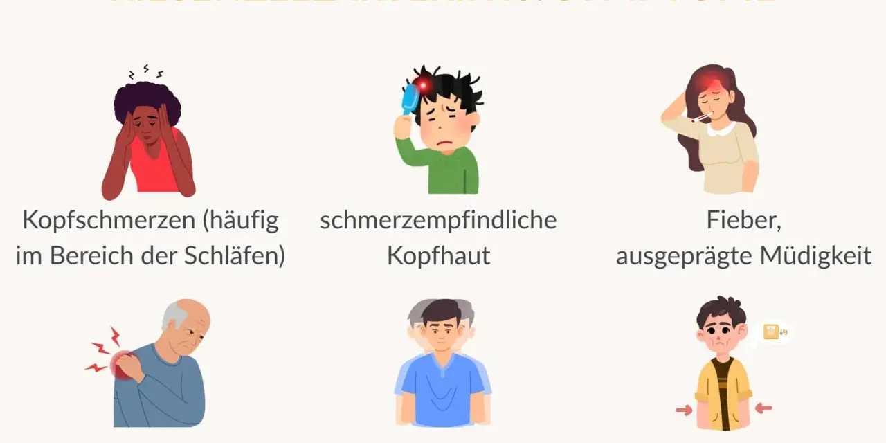 Symptome der Riesenzellarteriitis: Kopfschmerzen, schmerzempfindliche Kopfhaut, Fieber, Müdigkeit, Muskel-/Gelenkschmerzen, Sehstörungen, ungewollter Gewichtsverlust.