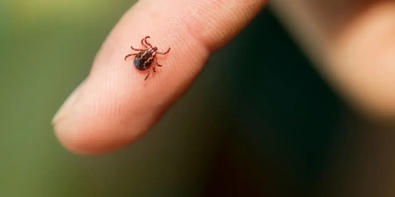 Mały, ciemny pajęczak, zdrapany kleszcz, siedzi na opuszce palca.